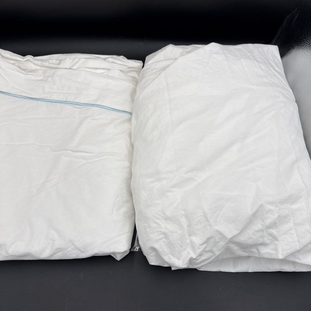 peacock alley queen Flat & Fitted Sheet White With Sea Blue Hemstitch